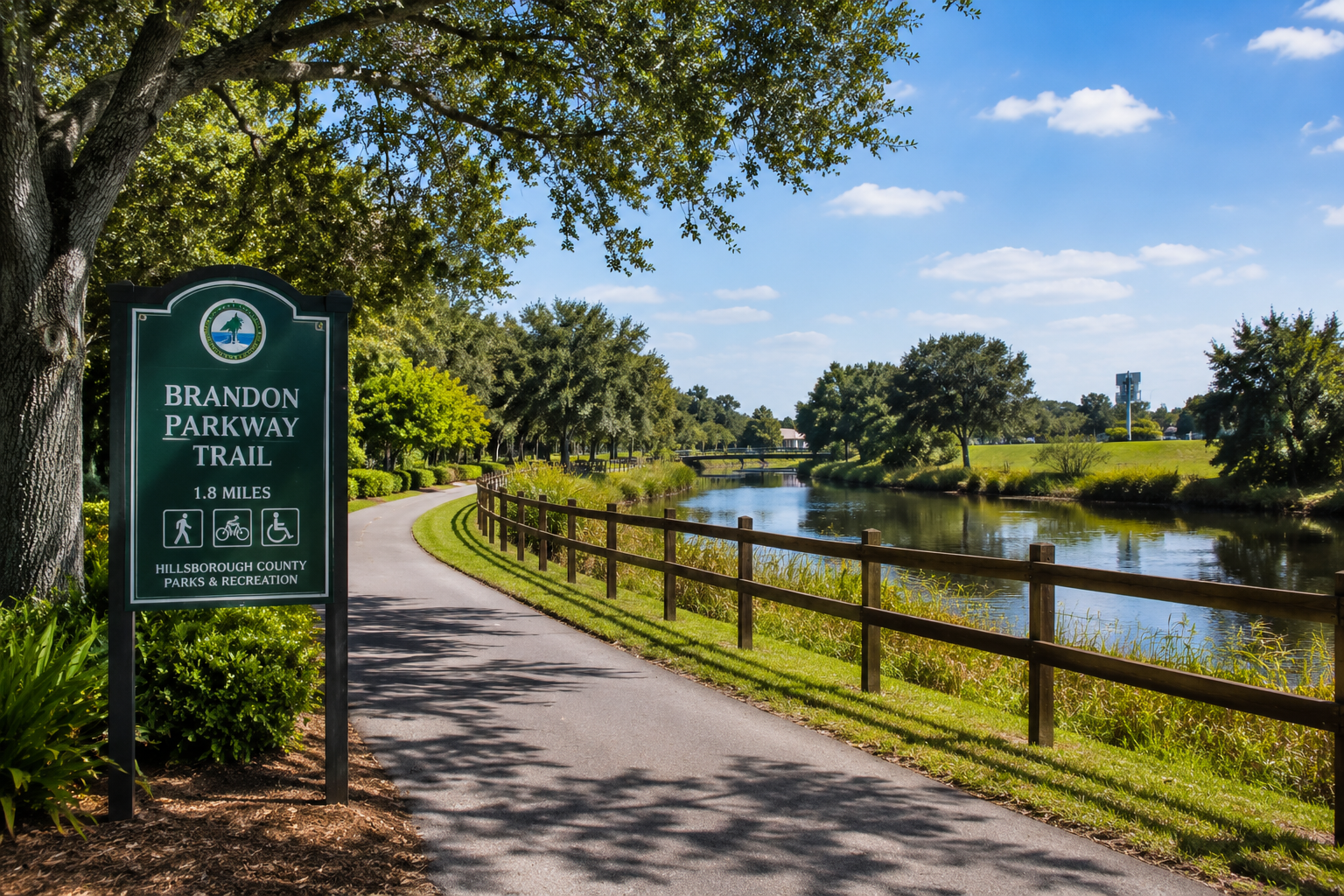 Brandon Parkway Trail park system, highlighting pedestrian infrastructure and urban trail amenities for buyers with Real Estate Advisor Cheer Alvarez.