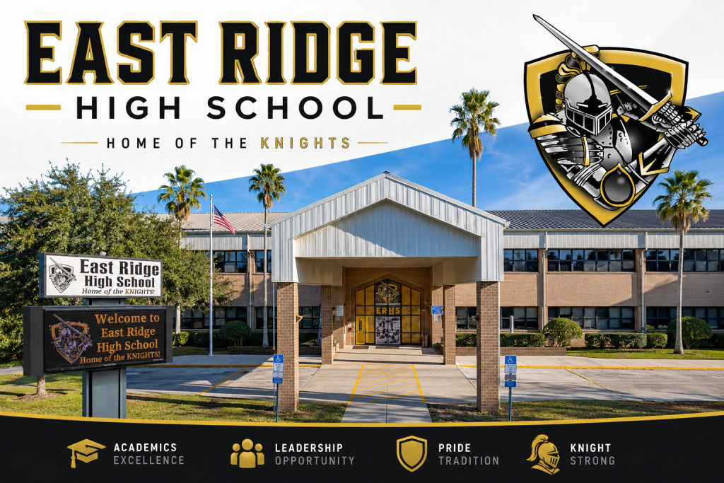 Moving to Clermont FL public school profiles highlighting the East Ridge High School campus, presented by Cheer Alvarez.