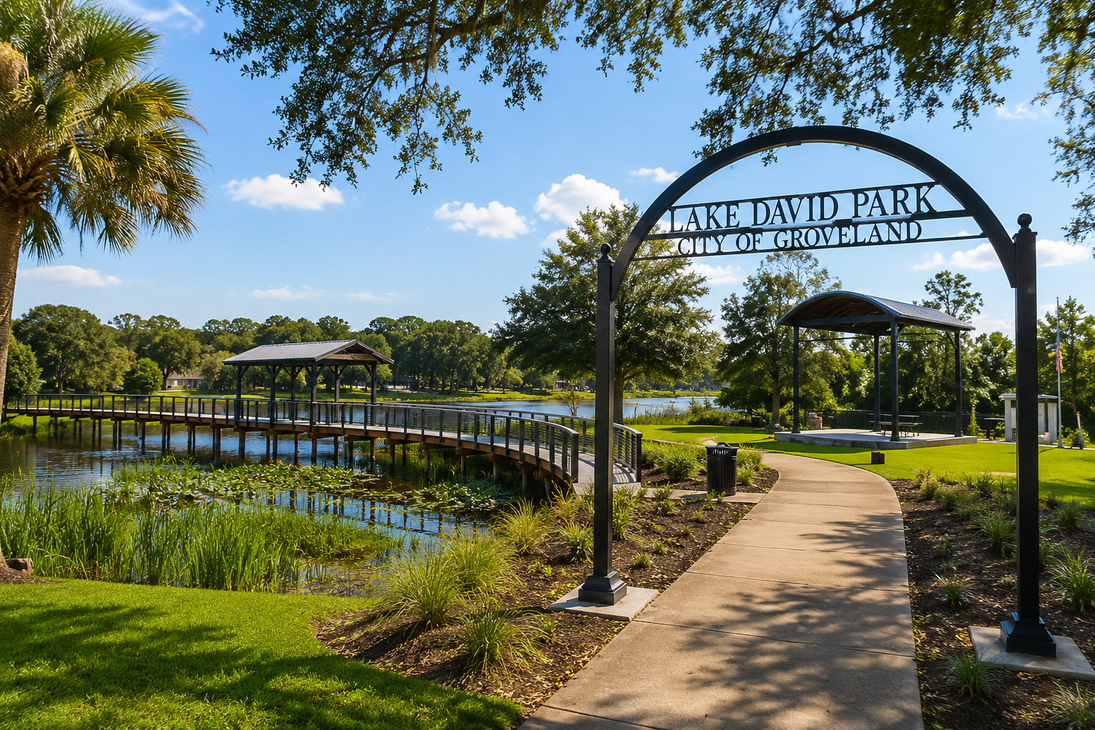 Living in Clermont Minneola and Groveland Florida community landmarks showcasing the entry arch and waterfront walkways at Lake David Park, shared by Cheer Alvarez.