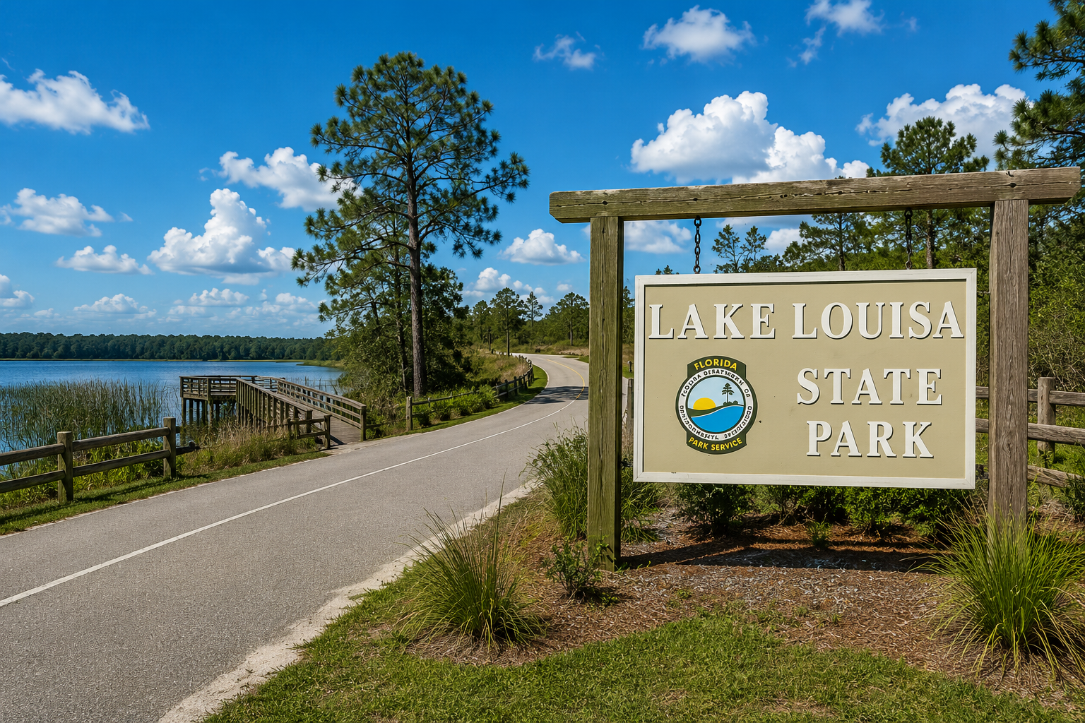 Moving to Clermont FL outdoor amenities featuring the scenic entry signs of Lake Louisa State Park, presented by Cheer Alvarez.