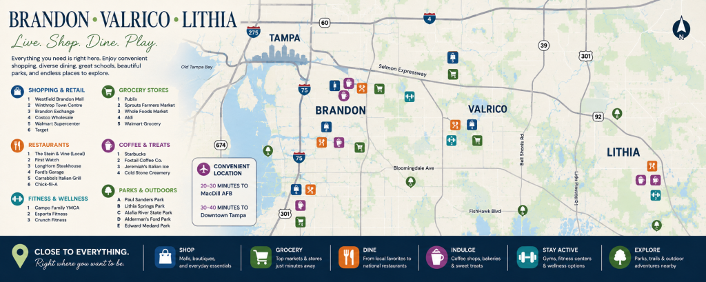 Neighborhood lifestyle map for Brandon Valrico and Lithia Florida, showcasing shopping and dining amenities for PCS relocation home buyers with Realtor Cheer Alvarez.