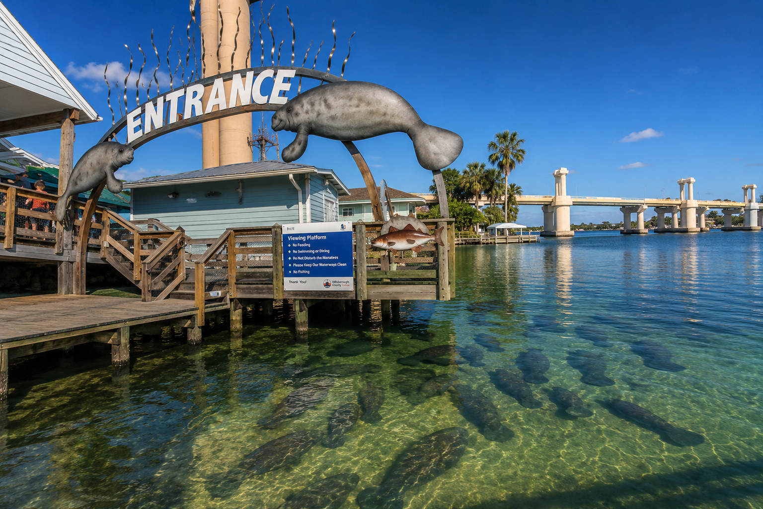 Manatee Viewing Center boardwalk in Apollo Beach Florida, highlighting local nature attractions for families moving near MacDill AFB with Realtor Cheer Alvarez.