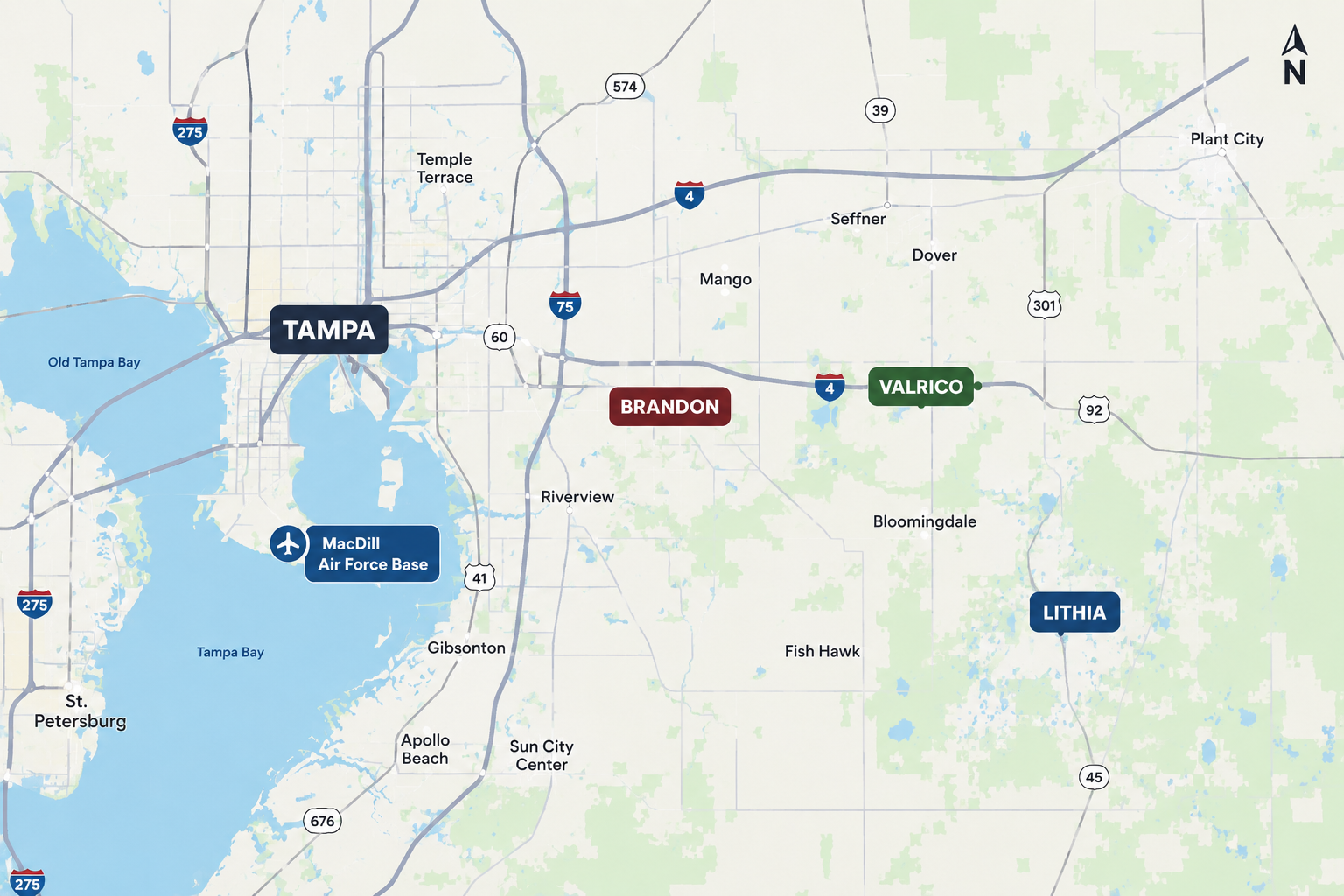 Regional map covering Brandon, Valrico, and Lithia Florida, outlining ideal real estate locations for military PCS relocation buyers with Realtor Cheer Alvarez.