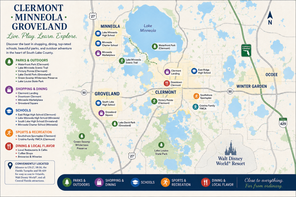 Moving to Clermont FL regional map illustrating entertainment and family residential zones across Minneola and Groveland, by Cheer Alvarez.