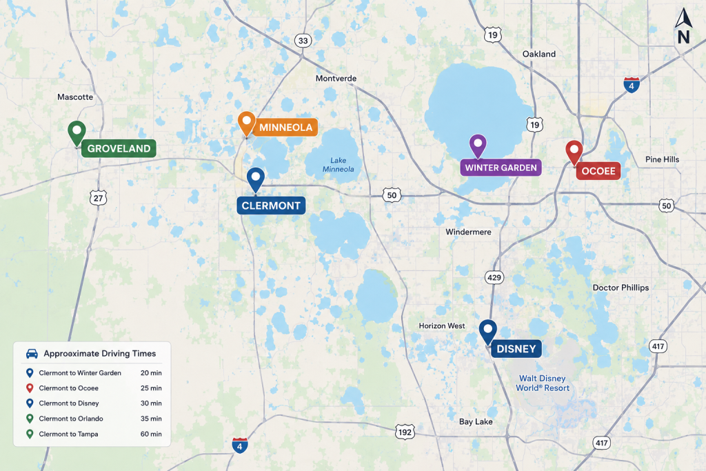 Moving to Clermont FL geographic proximity layout mapping distances to Disney and major local corridors, shared by Cheer Alvarez.
