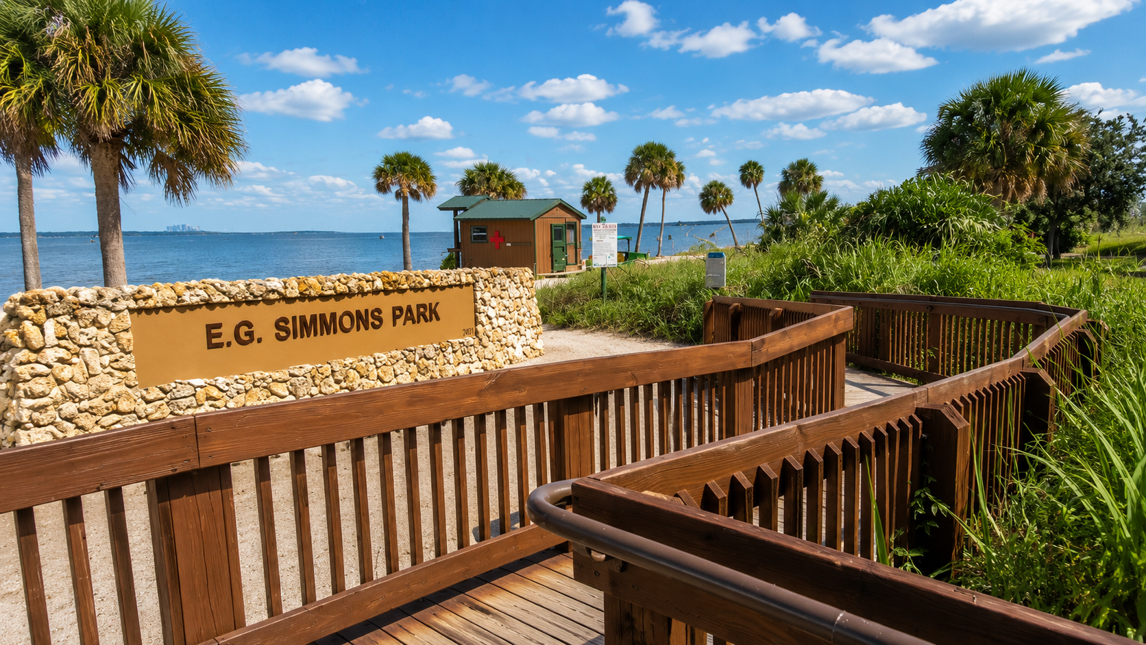 EG Simmons Park waterfront views in Ruskin Florida, highlighting public boat ramps and beach areas for military families relocating to MacDill AFB with Realtor Cheer Alvarez.