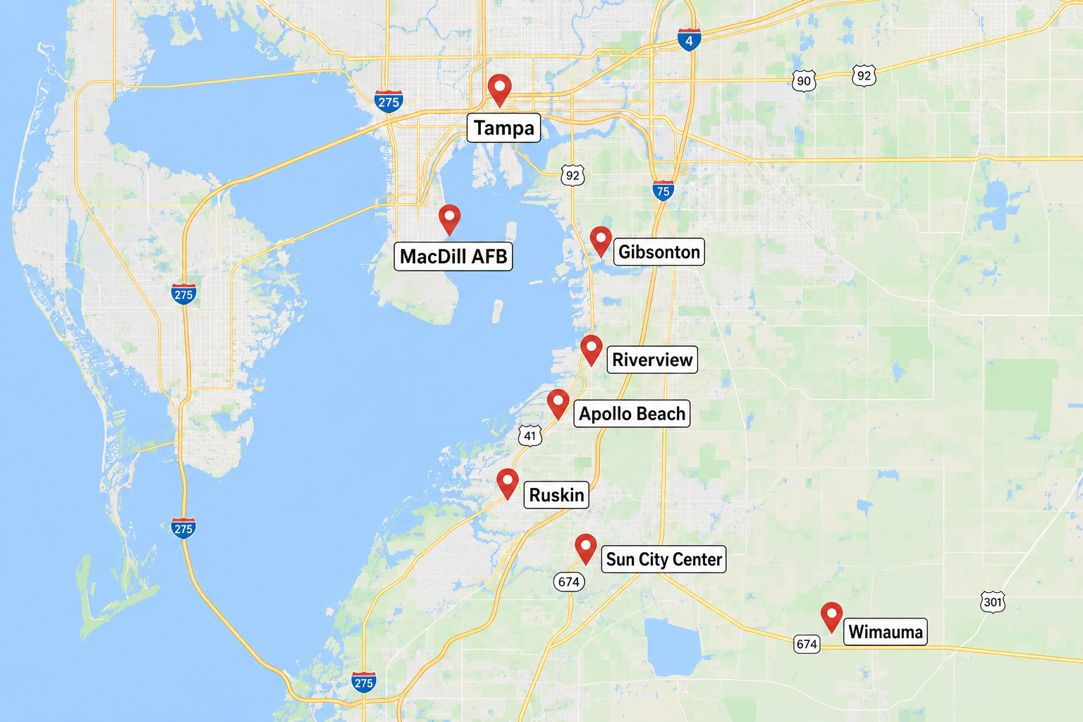 Tampa commute map highlighting travel routes from Riverview, Ruskin, and Apollo Beach for military relocation buyers planning a move with Realtor Cheer Alvarez.