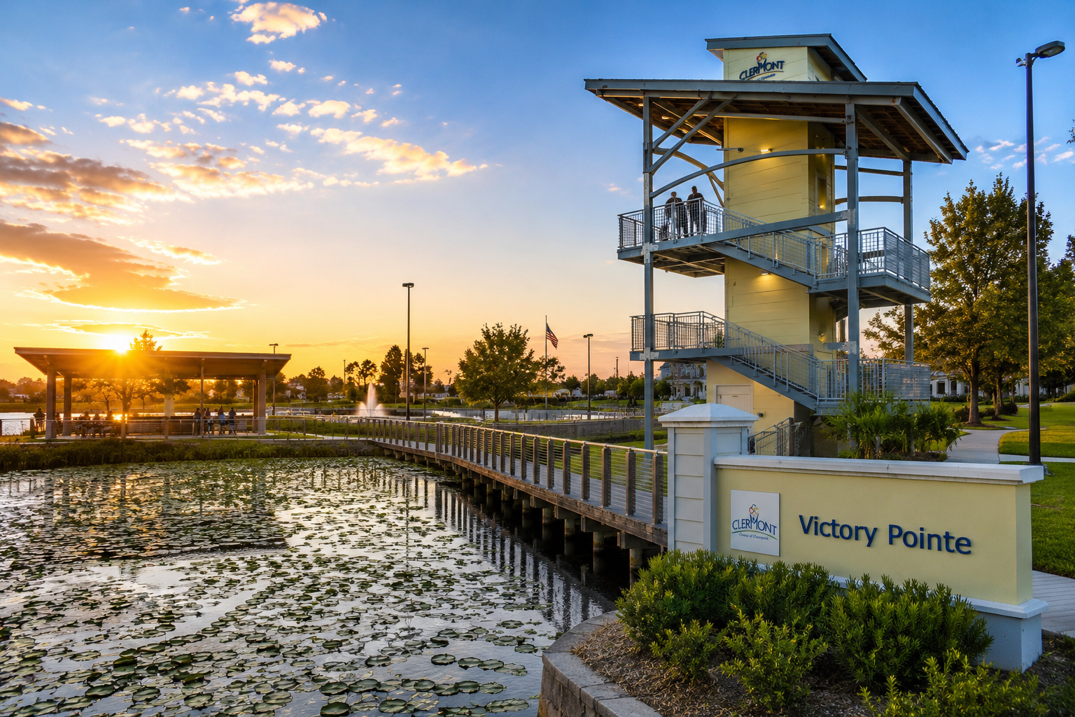 Moving to Clermont FL community overviews showcasing the modern observation towers and sunset views at Victory Pointe Park, by Cheer Alvarez.