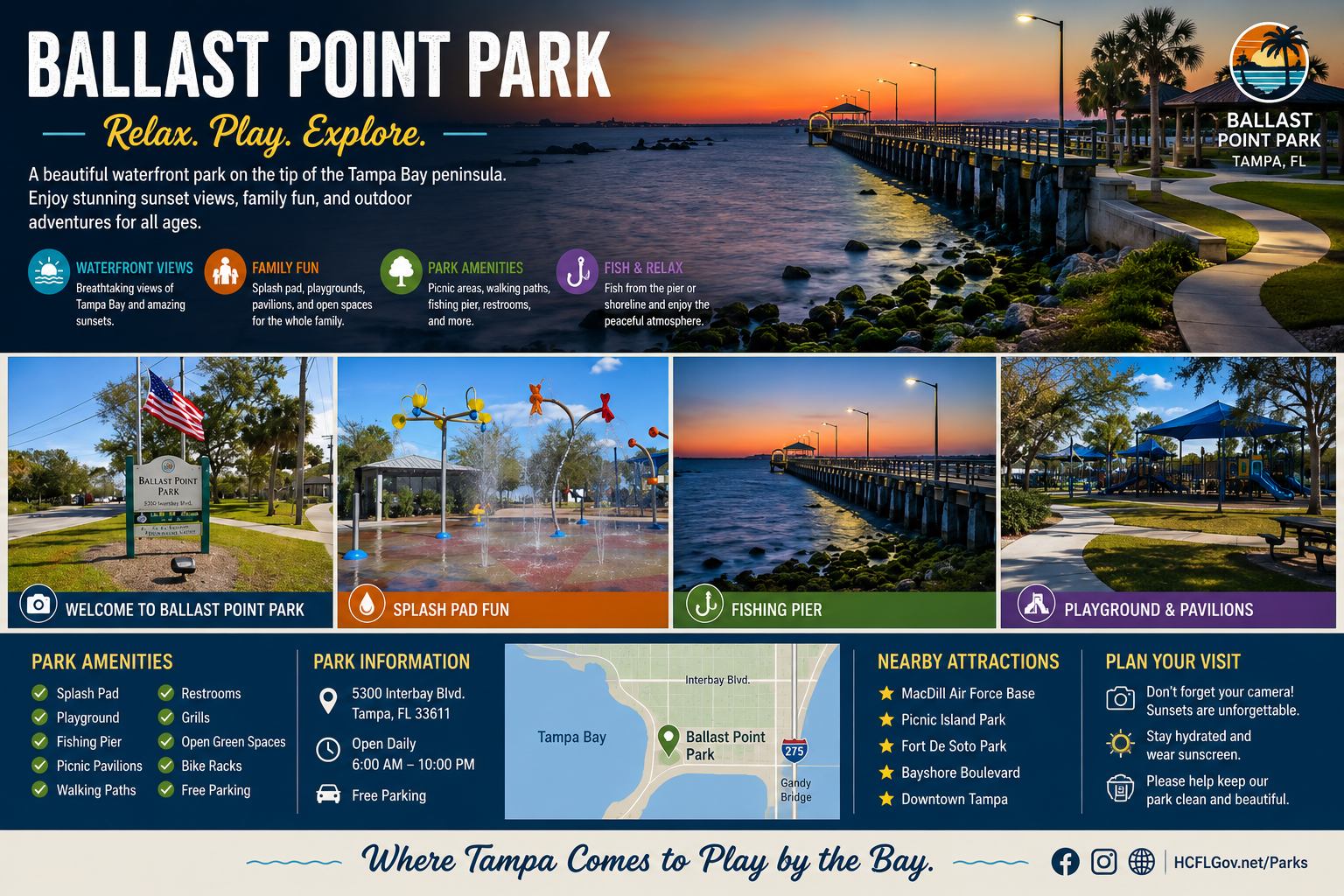 Living in Tampa Florida family recreation at Ballast Point Park featuring the pier and playground views, curated by Real Estate Advisor Cheer Alvarez.