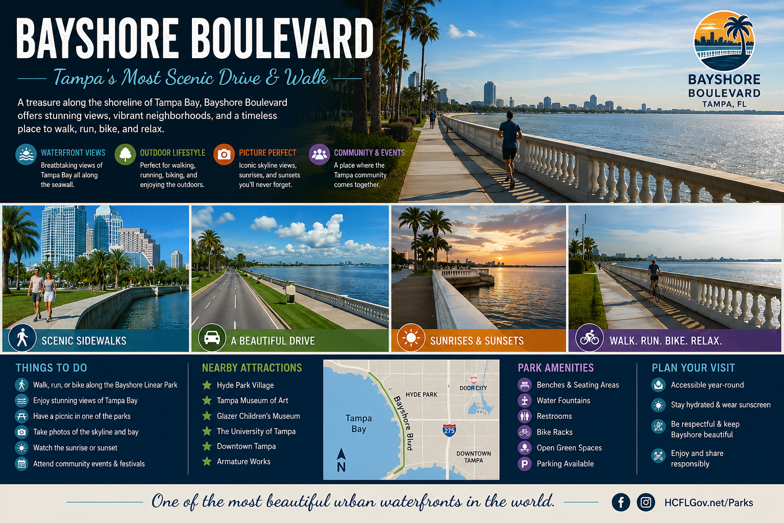 Best places to live in Tampa featuring the continuous waterfront sidewalk along historic Bayshore Boulevard, presented by Cheer Alvarez.