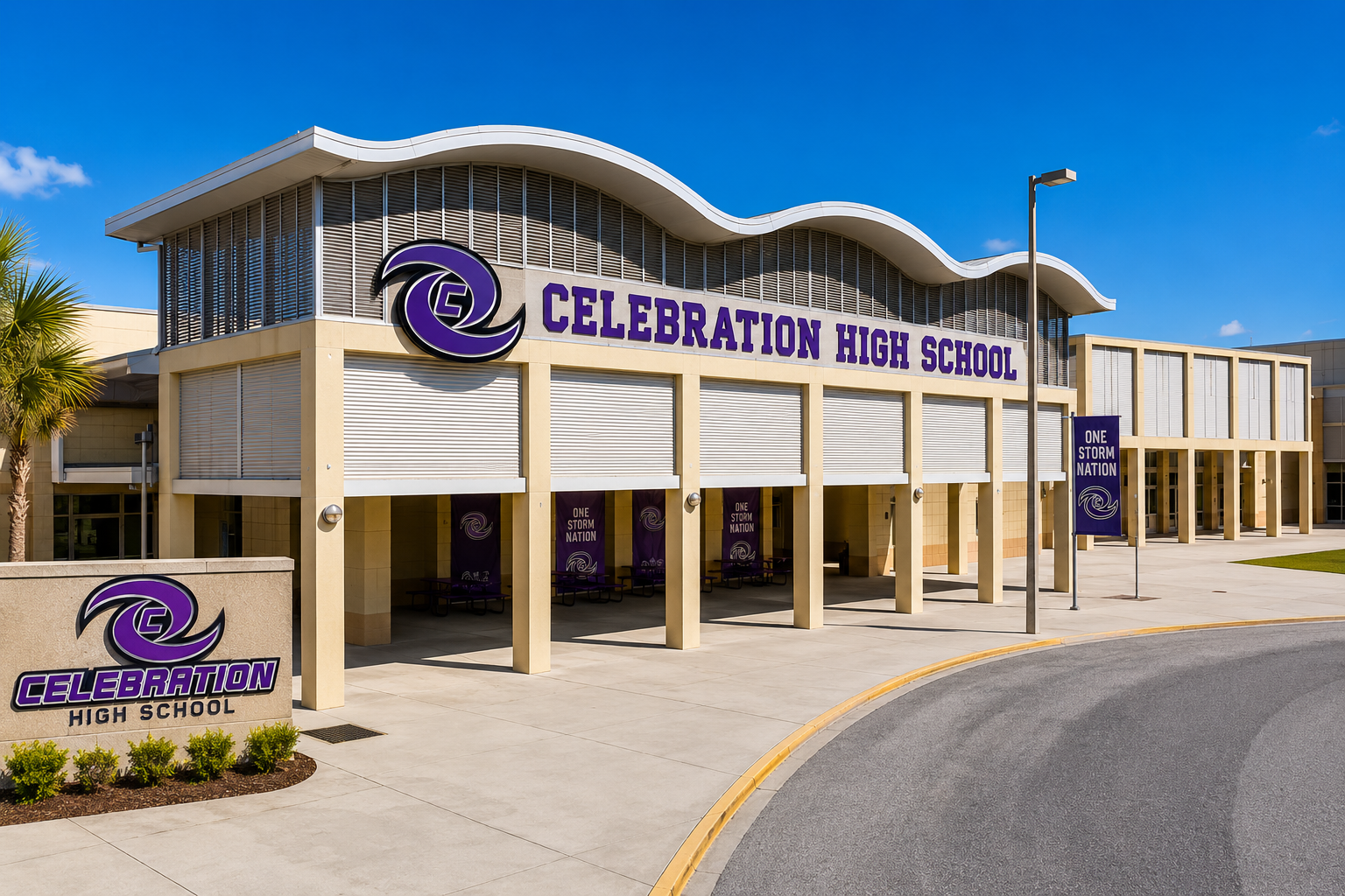 Celebration Florida neighborhood guide details showing Celebration High School campus facilities, presented by Real Estate Advisor Cheer Alvarez.