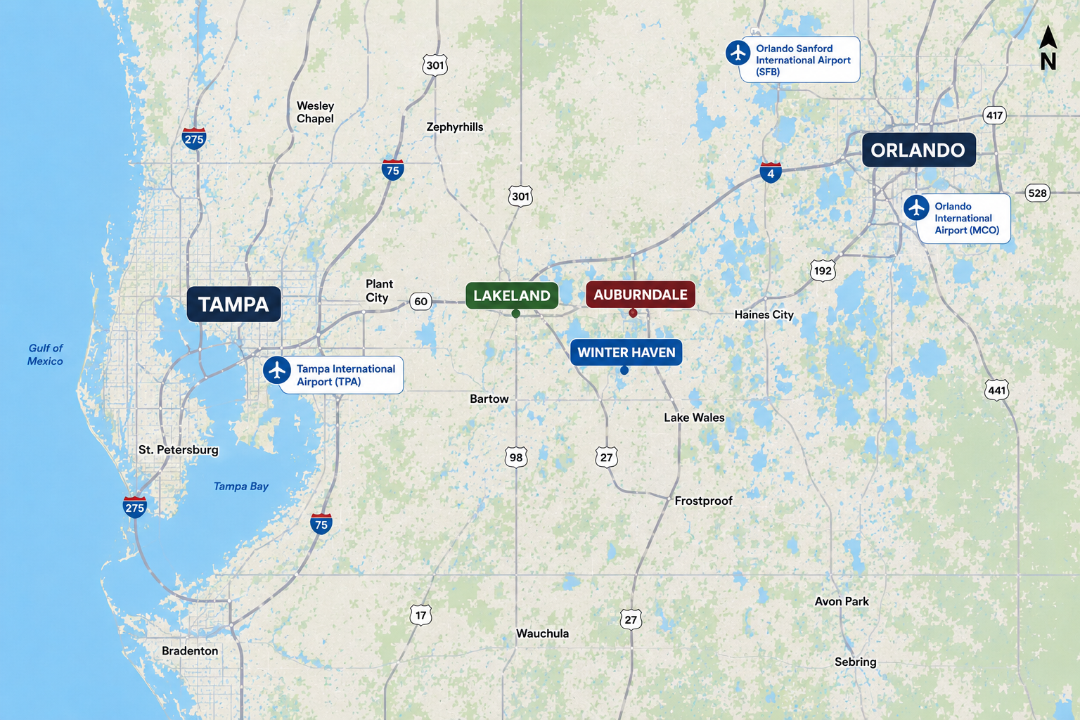 Living in Lakeland Florida regional guide map highlighting neighboring Auburndale and Winter Haven commuter corridors, by Cheer Alvarez.