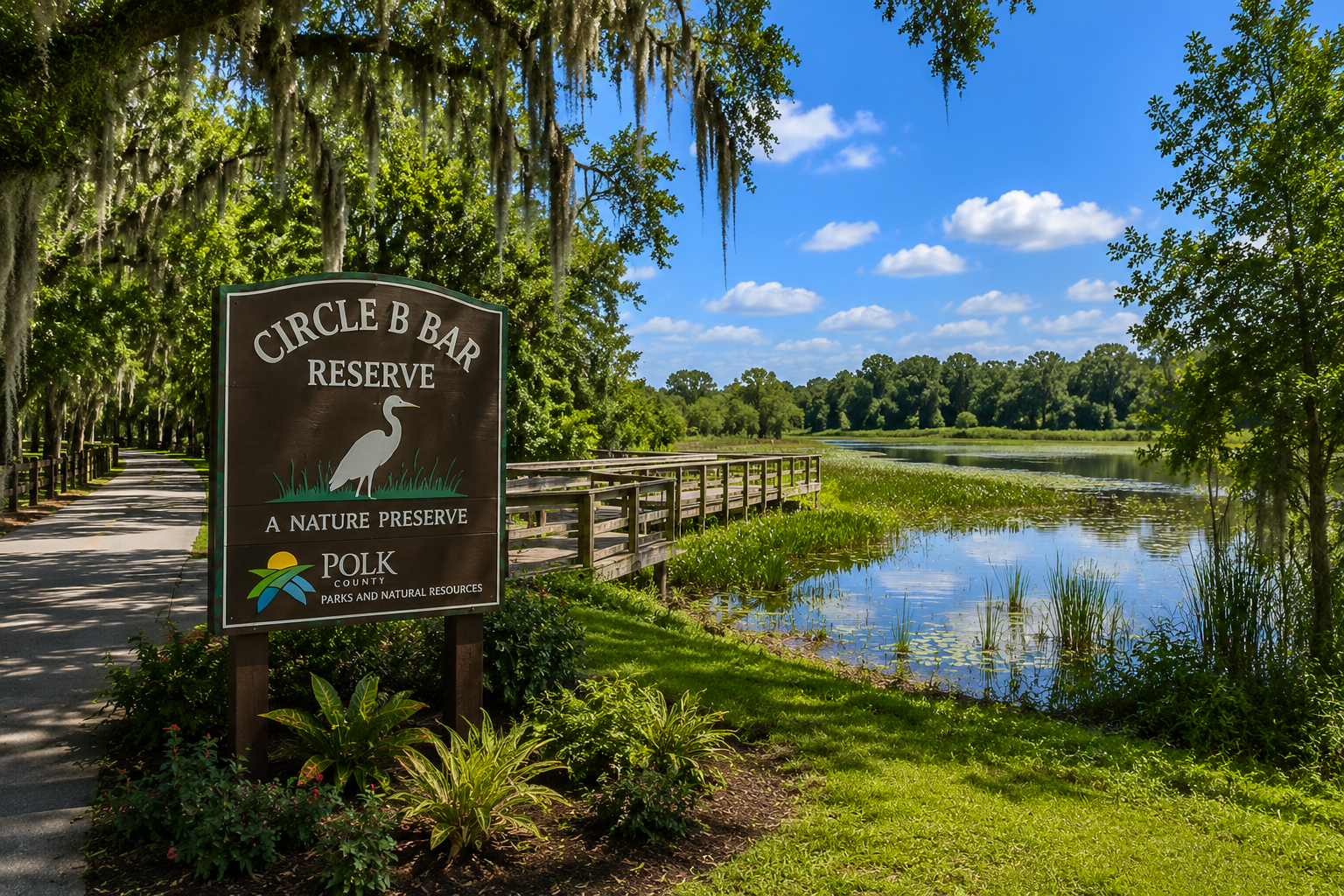 Lakeland Florida real estate area highlights showing wilderness trails and wildlife viewing at Circle B Bar Reserve, shared by Cheer Alvarez.