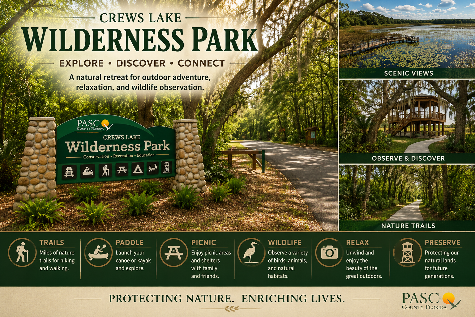 Moving to Wesley Chapel FL regional park highlights showing wooden observation towers and botanical paths at Crews Lake Wilderness Park, by Cheer Alvarez.