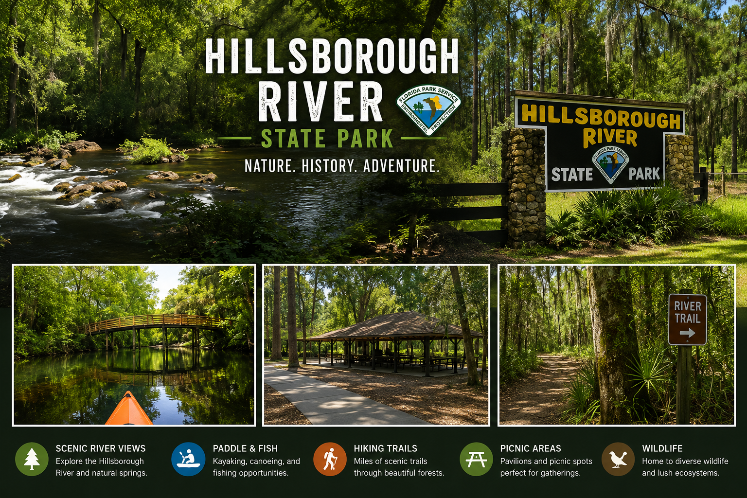 Tampa Florida real estate surrounding amenities showcasing rapids and camping sites at Hillsborough River State Park, curated by Cheer Alvarez.