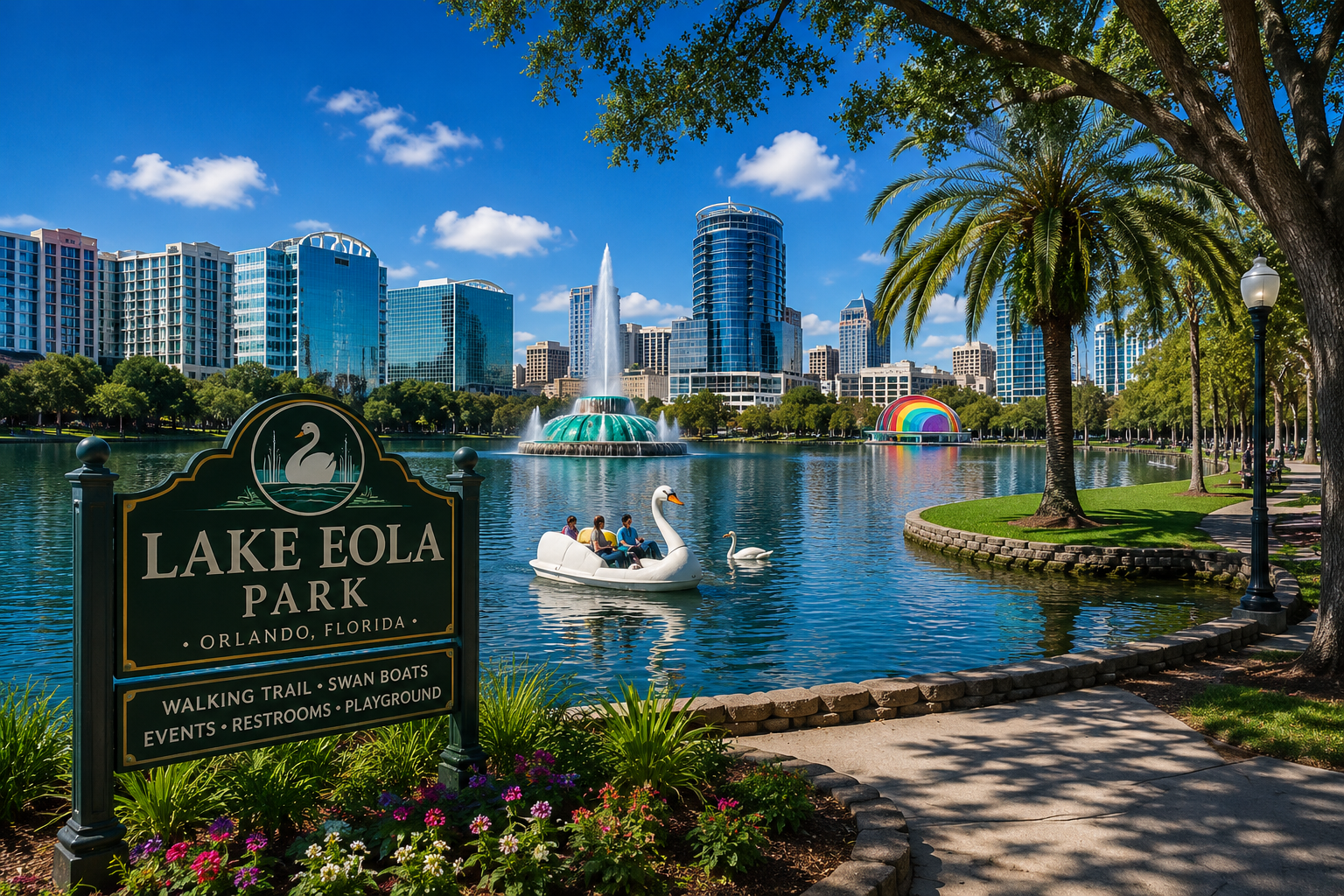 Orlando Florida downtown parks skyline views and swan boats at Lake Eola Park, featured by Real Estate Advisor Cheer Alvarez.