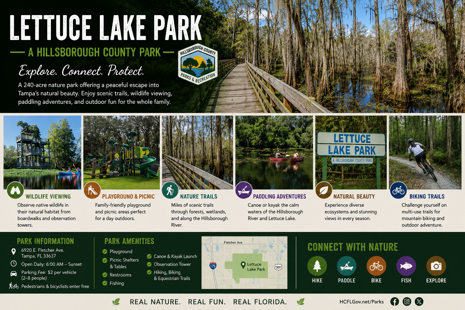 Living in Tampa Florida outdoor highlights showing boardwalks and scenic nature trails at Lettuce Lake Park by Real Estate Advisor Cheer Alvarez.