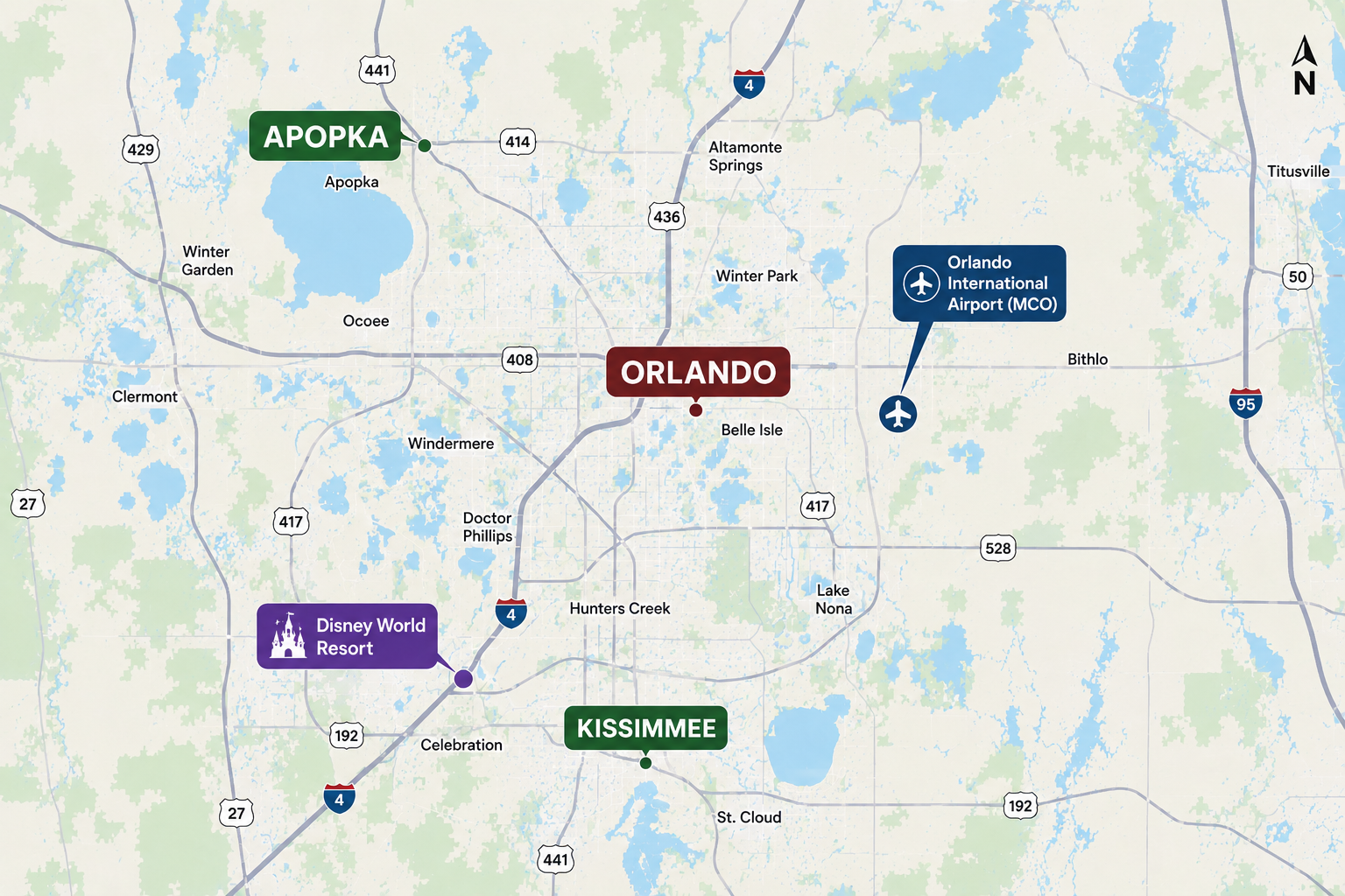 Orlando Florida location map highlighting airport in Orlando and surrounding areas like Apopka and Kissimmee, presented by Real Estate Advisor Cheer Alvarez.