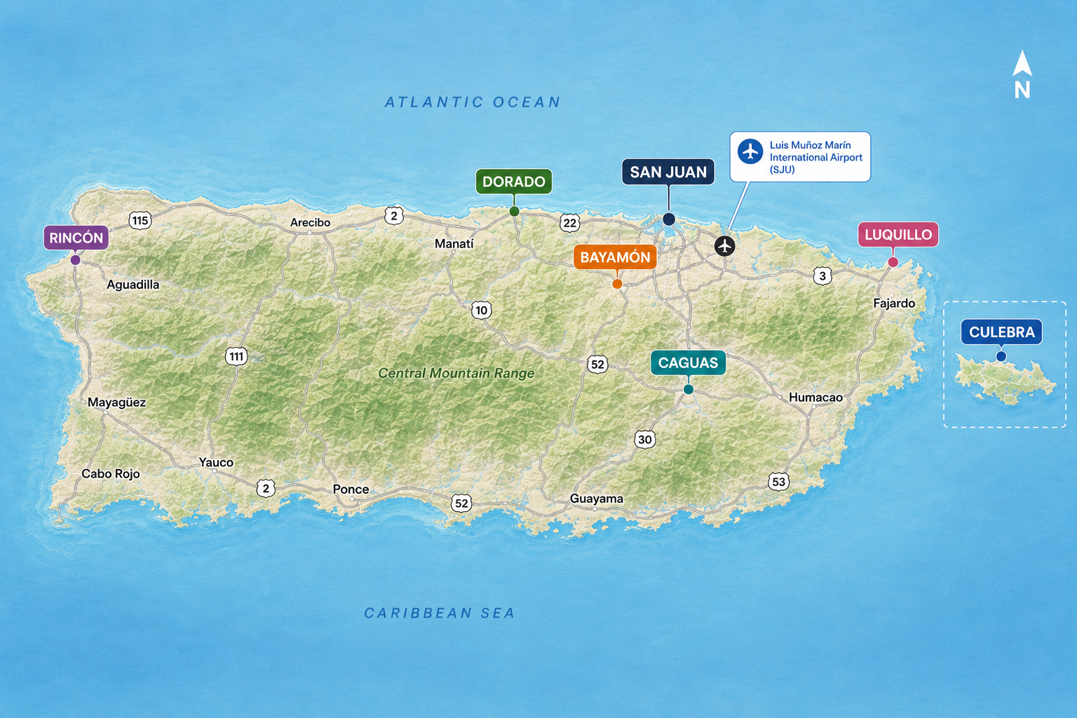 Puerto Rico commute map showing regional highway links between San Juan, Bayamon, Caguas, and Dorado, presented by Cheer Alvarez.