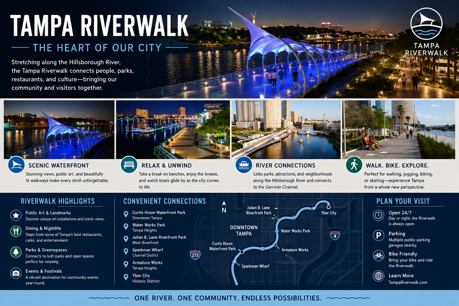 Fun things to do in Tampa Florida featuring scenic views of the waterfront pedestrian trail at the Tampa Riverwalk, shared by Cheer Alvarez.