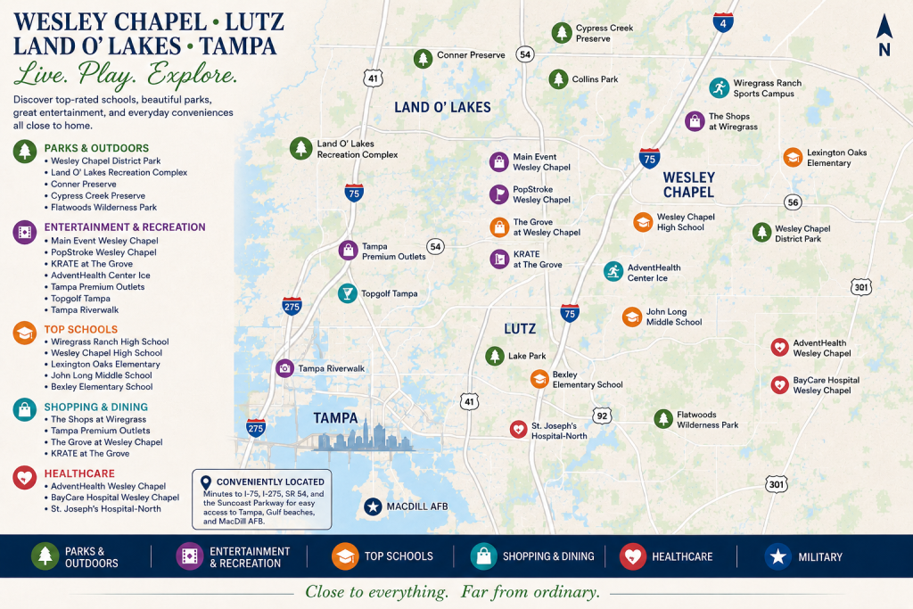 Wesley Chapel real estate regional boundary map highlighting surrounding Lutz and Land O Lakes developments, shared by Cheer Alvarez.