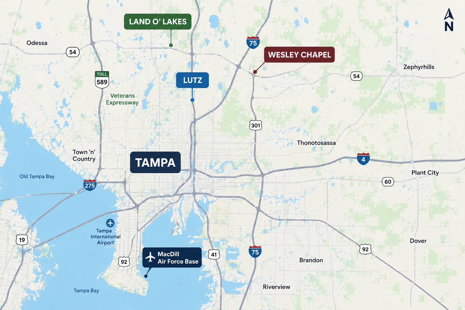 MacDill AFB relocation regional map tracking transit routes between the base and northern suburbs like Wesley Chapel, by Cheer Alvarez.
